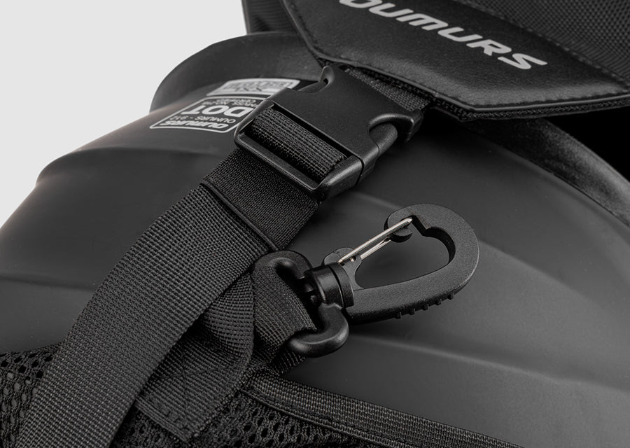 Close-up of Oumurs black motorcycle backpack with an adjustable buckle strap and snap hook attachment