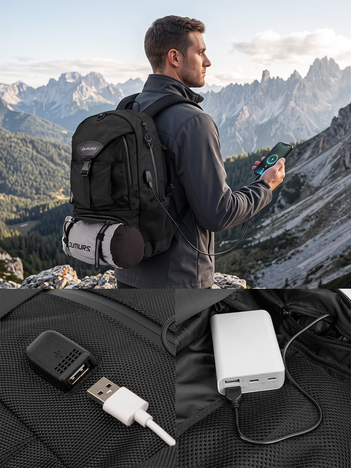 Hiker charging a phone through an OUMURS backpack’s external USB port, with close-ups of the port and internal power bank.