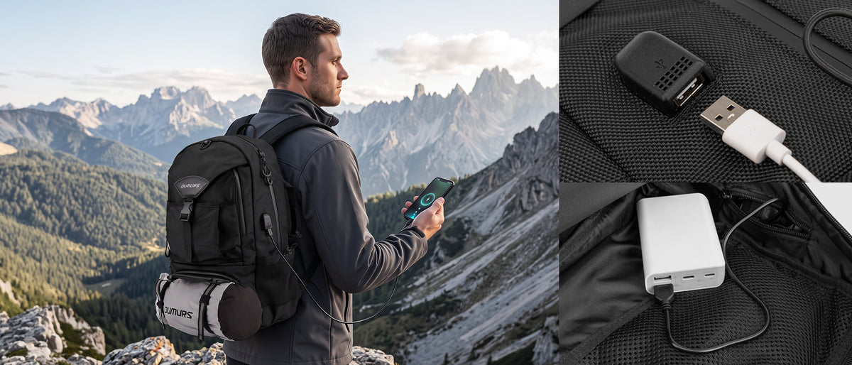 Hiker charging a phone through an OUMURS backpack’s external USB port, with close-ups of the port and internal power bank.