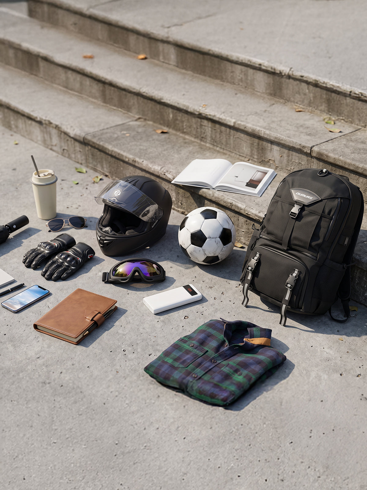 Black OUMURS backpack beside a motorcycle helmet, gloves, goggles, soccer ball, and travel essentials.