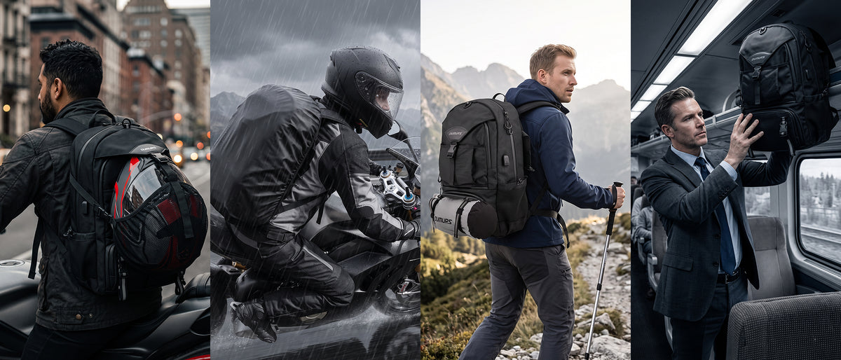Four scenes showing the OUMURS backpack carrying a helmet, covered in rain while riding, worn hiking, and stored on a train.