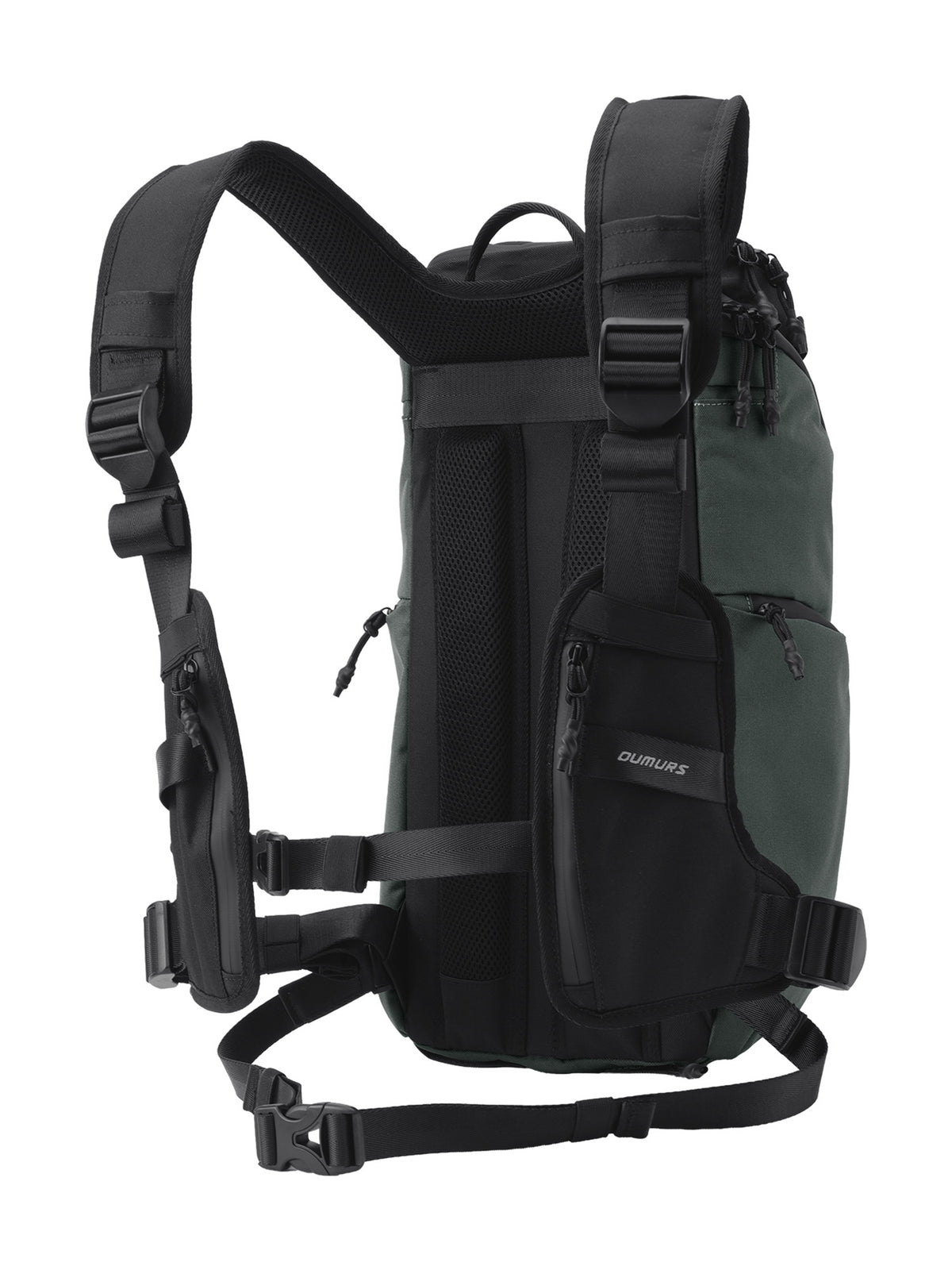 Rear view of Oumurs motorcycle backpack showing mesh back padding, adjustable shoulder straps, zip pockets and waist belt.