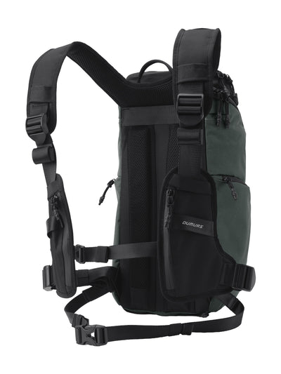 Rear view of Oumurs motorcycle backpack showing mesh back padding, adjustable shoulder straps, zip pockets and waist belt.