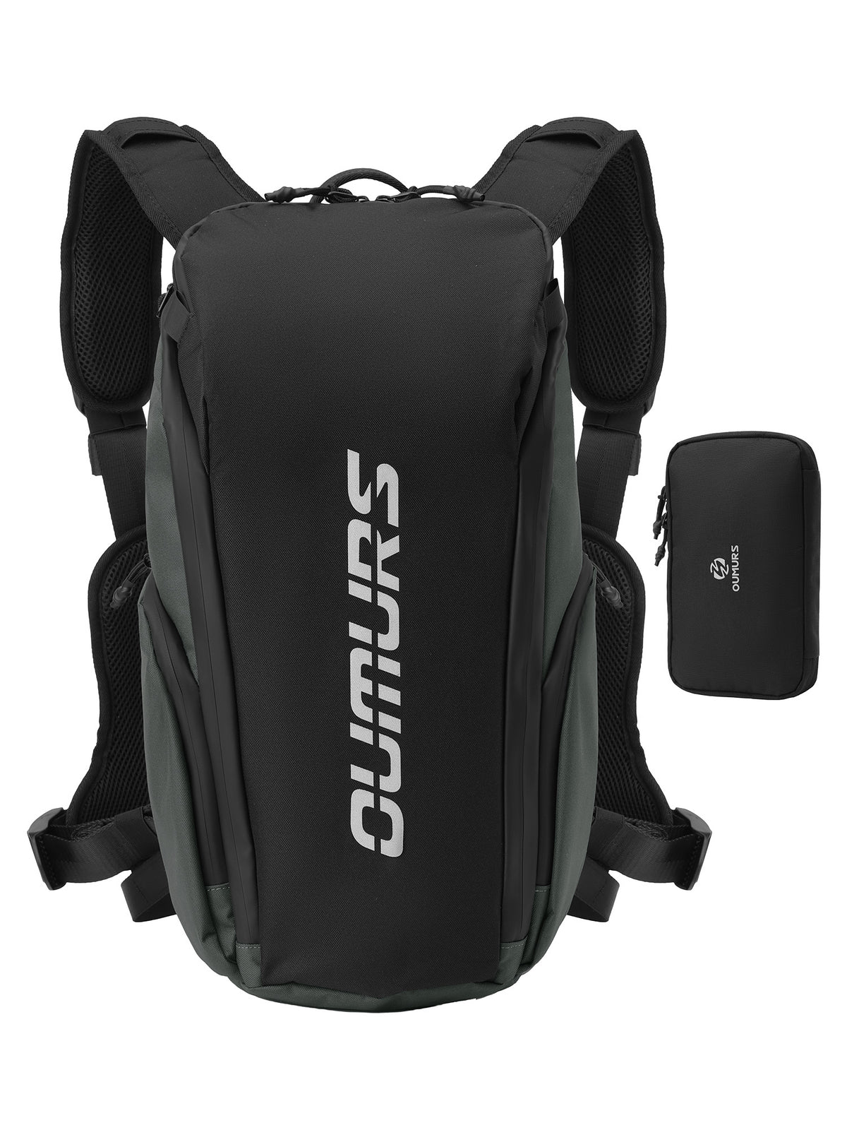 Black and dark green Oumurs 15L motorcycle backpack with padded shoulder straps and matching tool pouch.