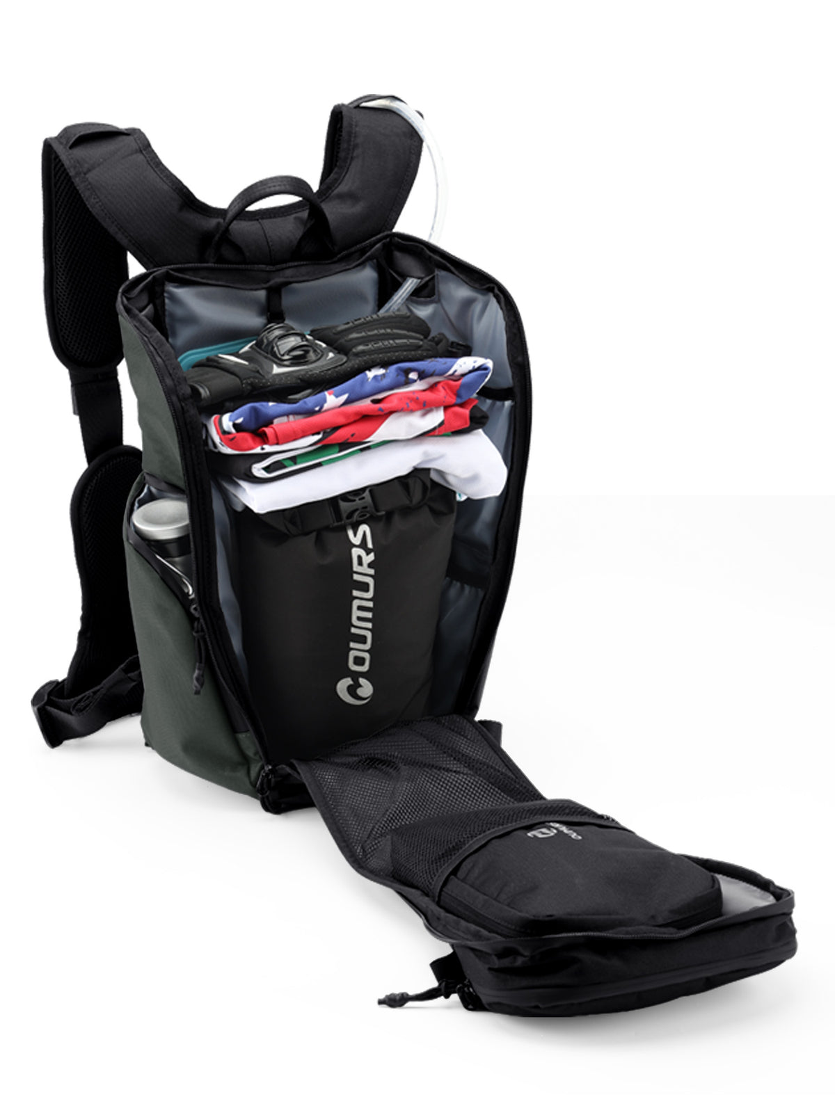 Open Oumurs motorcycle backpack showing folded riding clothes, gloves, storage compartments and a side bottle pocket.