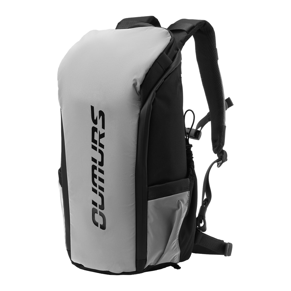 A gray and black OIMURS REFLEKTA 15L backpack shown from a three-quarter angle on a solid white background.