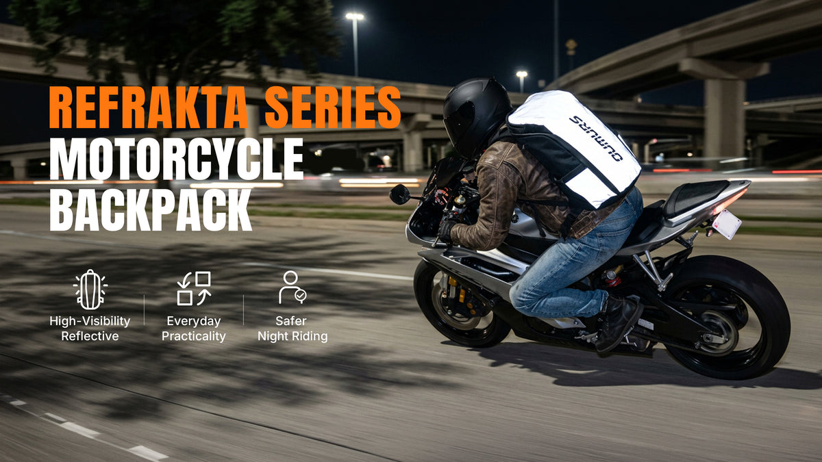 A motorcycle rider wearing a black and white Suunto backpack is shown riding a sport motorcycle on a road at night. The image features promotional text reading 'REFRAKTA SERIES MOTORCYCLE BACKPACK' and feature icons on the left.