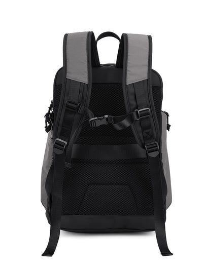 The back view of a black and gray backpack, showing the padded shoulder straps, mesh back panel, and side compression straps against a white background.