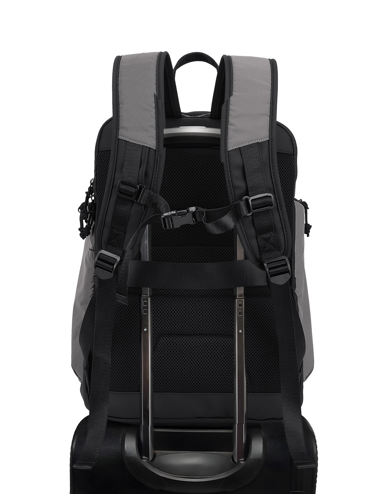 The back view of a black and gray rolling backpack with a LUGGAGE telescoping handle extended, shown against a plain white background.