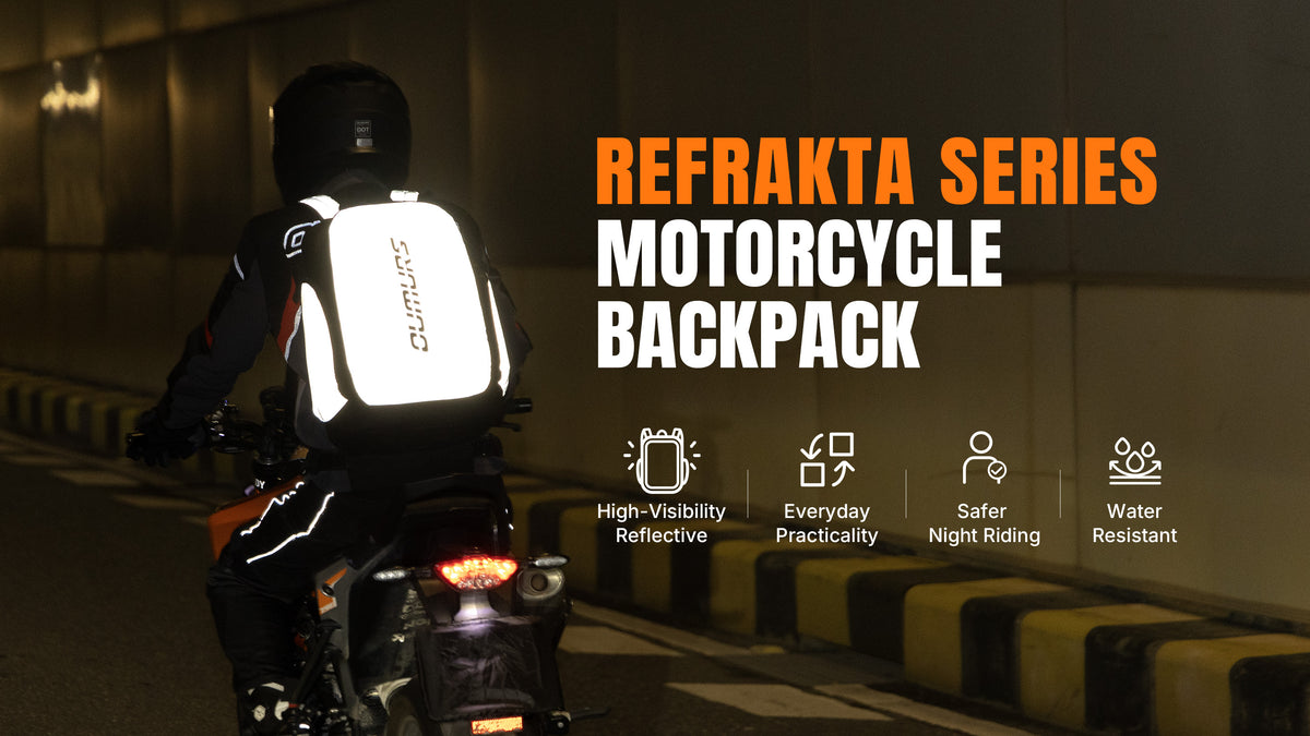 A person wearing a black motorcycle helmet and riding gear sits on a motorcycle in a tunnel, viewed from behind, with a bright white reflective backpack mounted on the back. Large text on the right reads 'REFRAKTA SERIES MOTORCYCLE BACKPACK' with feature icons below.