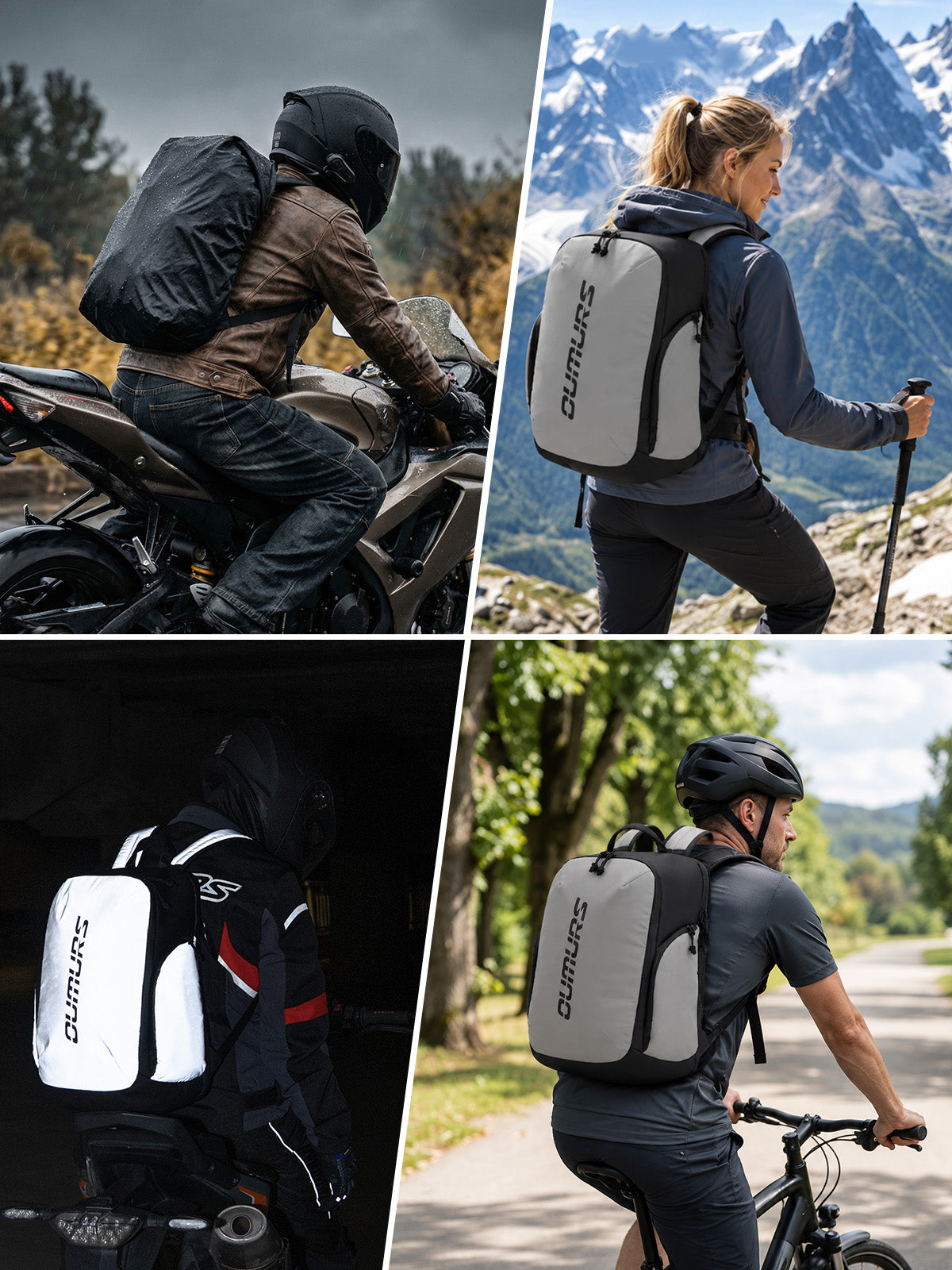 A four-panel collage showing a DUMILEUS backpack worn by a motorcyclist, a hiker with a mountain backdrop, a rider in a dark tunnel, and a cyclist on a paved road. The backpack is light gray and black with white DUMILEUS branding.