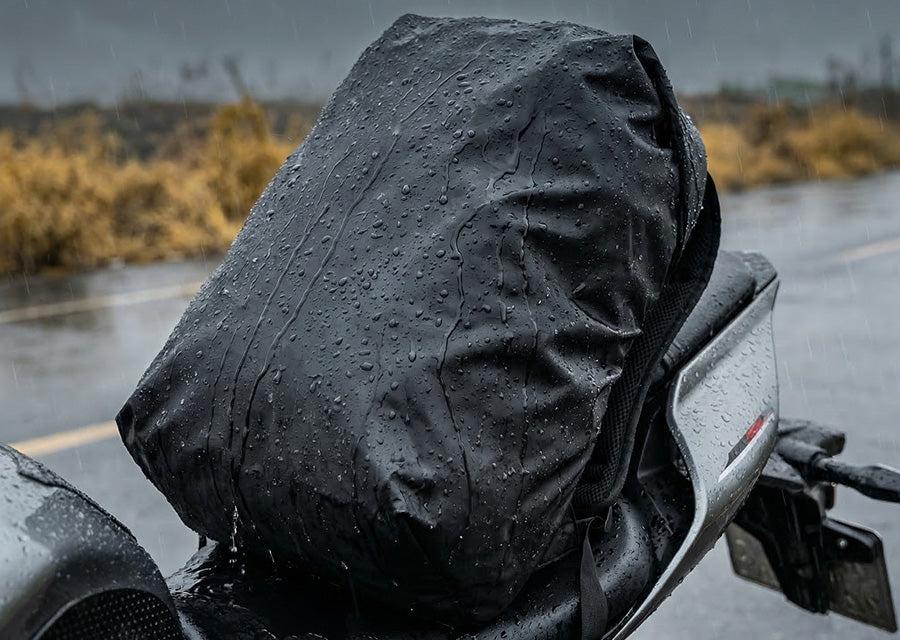 Close-up of a OUMURS backpack covered by thw integrated RAIN COVER in the raining day