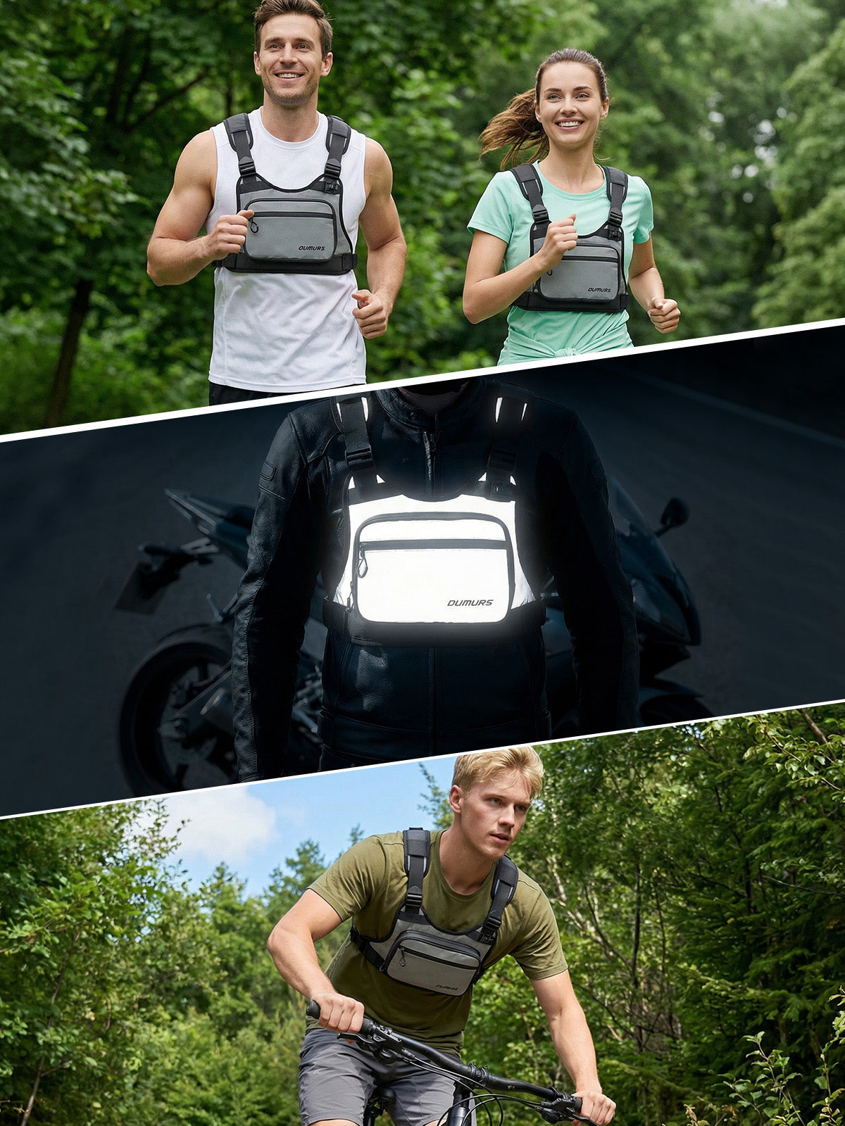 A three-panel collage showing a chest-mounted reflective bag worn outdoors: two people jogging in a forest and a cyclist riding through trees, plus a dark close-up of the bag glowing bright white in low light. The product appears to be a reflective safety bag with a front flap and side straps.