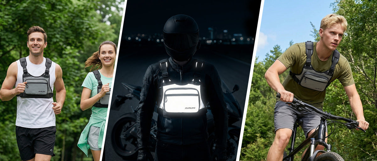 A three-panel collage showing a reflective cycling vest worn by different people in outdoor settings: a man jogging on the left, a motorcyclist at night in the center, and a man riding a bicycle on the right. The vest is black with a bright white reflective panel.