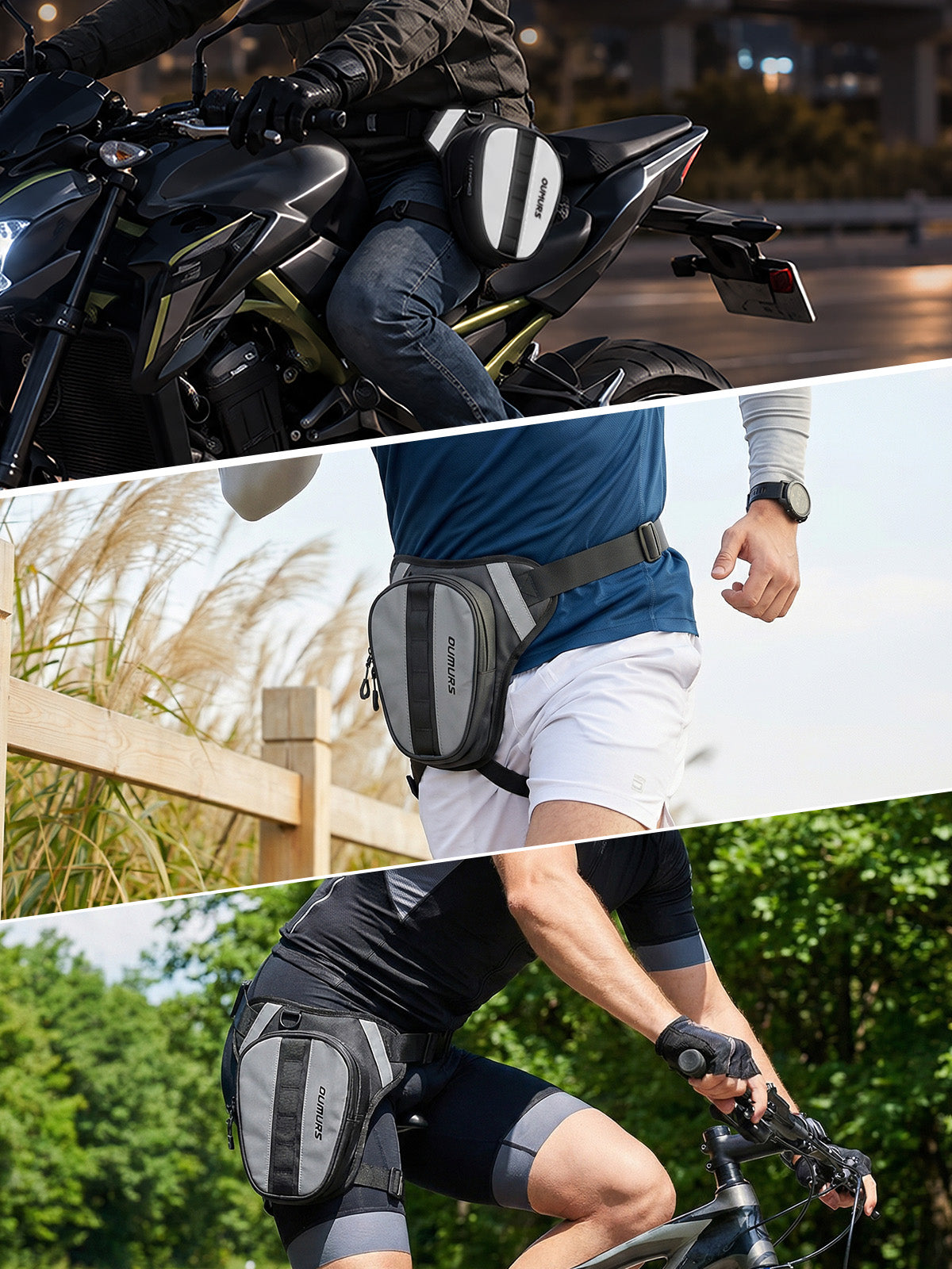 Three-panel collage showing an Oumurs leg bag worn while motorcycling, running and cycling.
