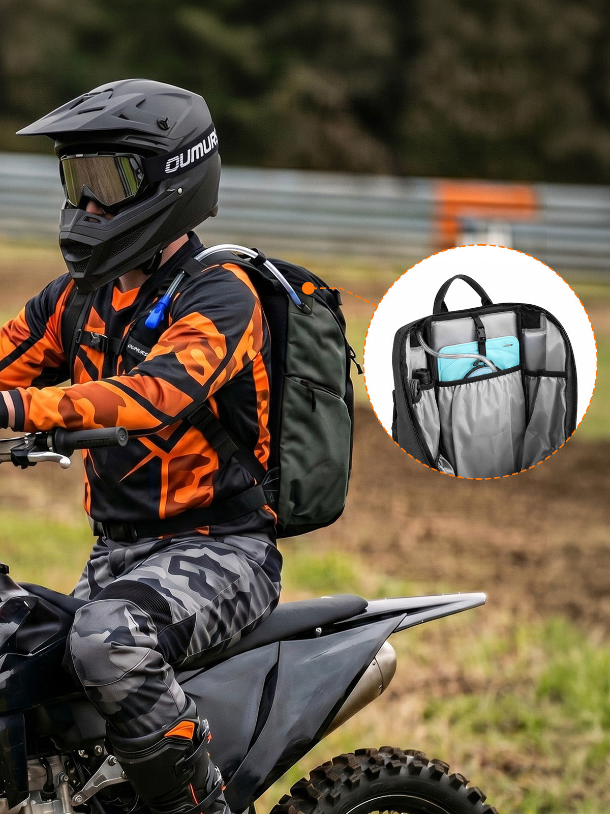 Motorcyclist wearing an Oumurs backpack with a drinking tube, with an inset showing the hydration bladder compartment.