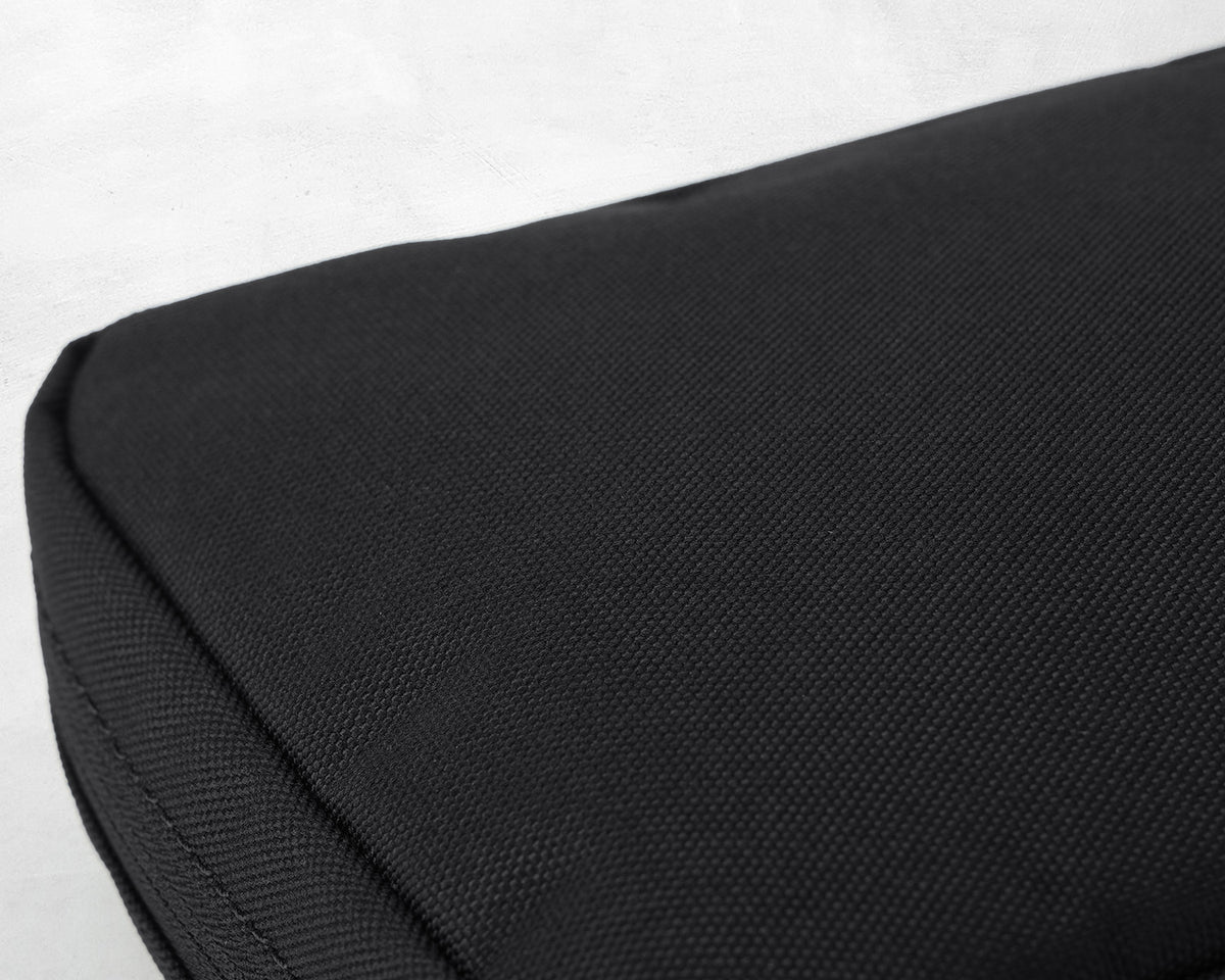 Close-up of textured black 600D TPU-coated nylon fabric on the Oumurs motorcycle backpack.