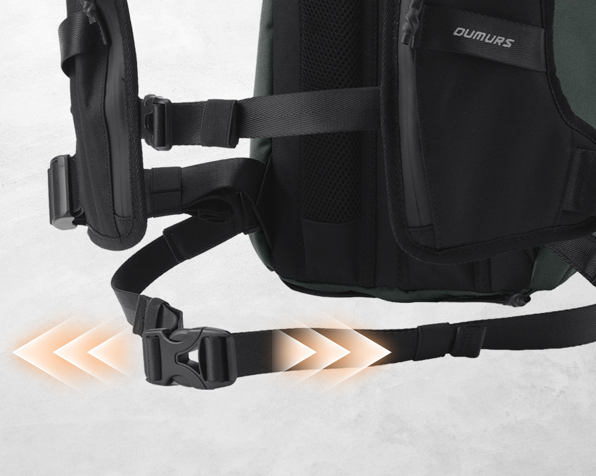 Oumurs motorcycle backpack waist strap with a quick-release buckle and arrows showing length adjustment.