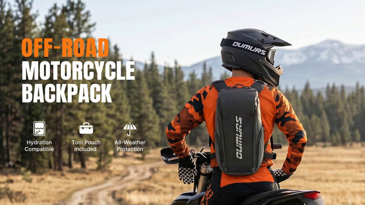 Rider wearing an Oumurs off-road motorcycle backpack, with text highlighting hydration compatibility, included tool pouch and all-weather protection.