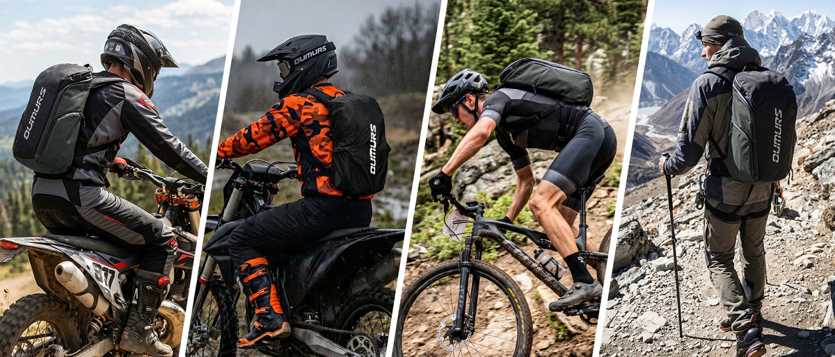 Four-panel collage showing the Oumurs backpack worn for off-road motorcycling, mountain biking and hiking.
