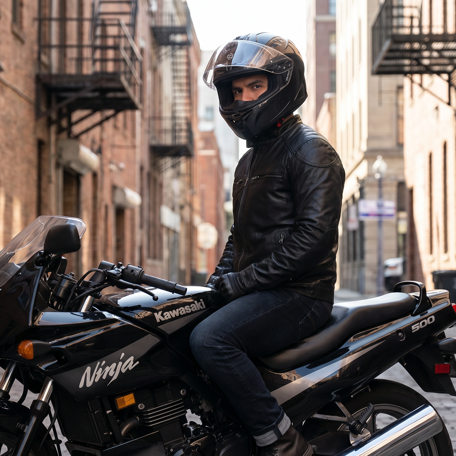 A person in a black leather jacket and full-face helmet sits on a black Kawasaki Ninja motorcycle in a narrow brick alleyway, wearing a OUmurs-361S Helmet.