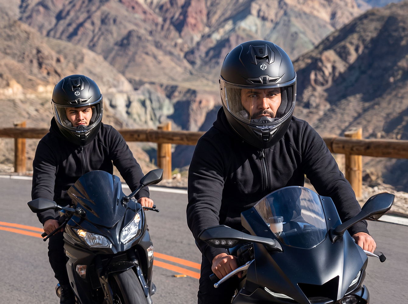 Two riders wearing OUMURS-361S full face street helmets in Matte Black riding black motorcycles on a paved road with a wooden guardrail and rugged mountains in the background.