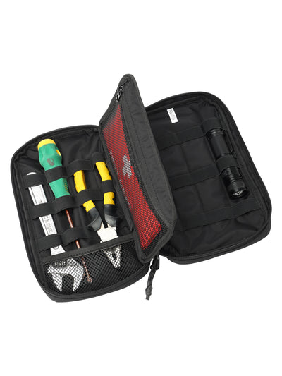  Open tool organizer with elastic loops and mesh pockets holding screwdrivers, wrenches and a flashlight.